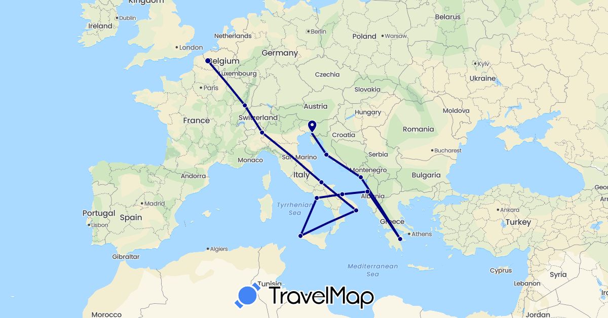 TravelMap itinerary: driving in Albania, France, Greece, Croatia, Italy, Montenegro (Europe)
